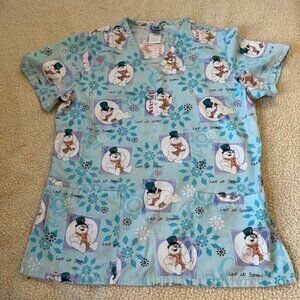 Frosty the Snowman Scrub Top (roomy) Small Women's